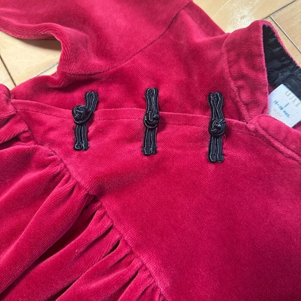 Vintage BABY GAP Red Velour Dress Size Large 12-18 Months w/ Frog Button Details